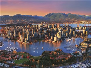 Aerial shot of Vancouver at sunset.